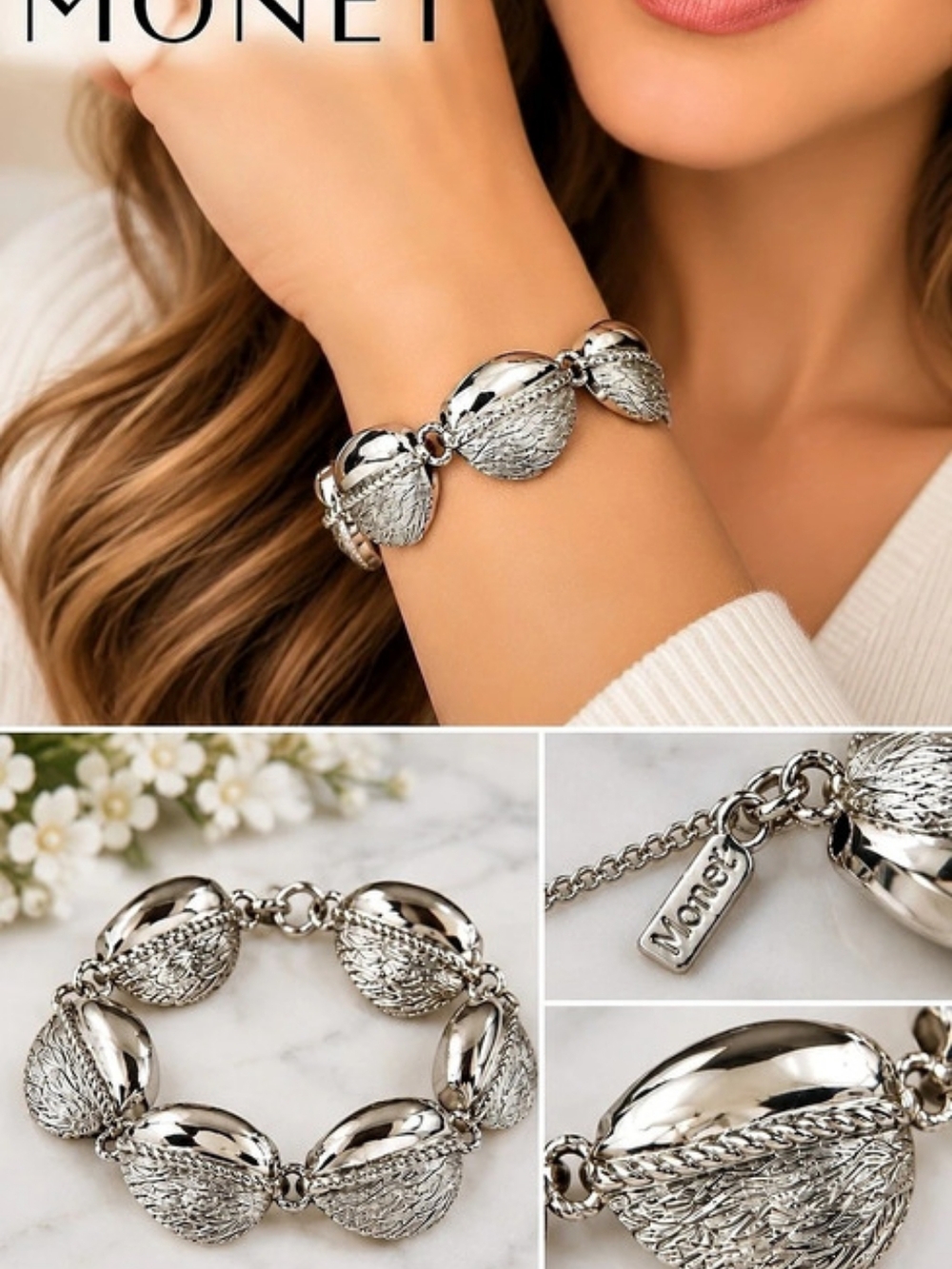 Monet Silver-Tone Leaf Link Bracelet Like New